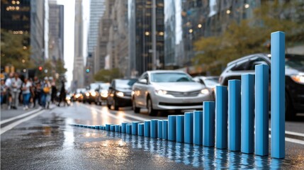 Fototapeta premium A blue line of bars is on the ground in front of a busy street