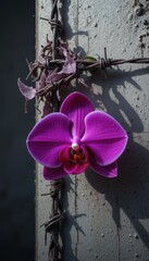 Vibrant Fuchsia Orchid Blooming Amidst Barbed Wire