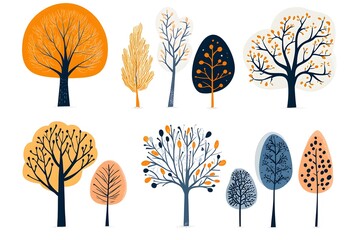 Obraz premium Collection of stylized autumn trees orange yellow blue and gray colors simple minimalist design stylized trees