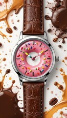 Whimsical Donut Watch Pink Icing, Rainbow Sprinkles, Silver Case
