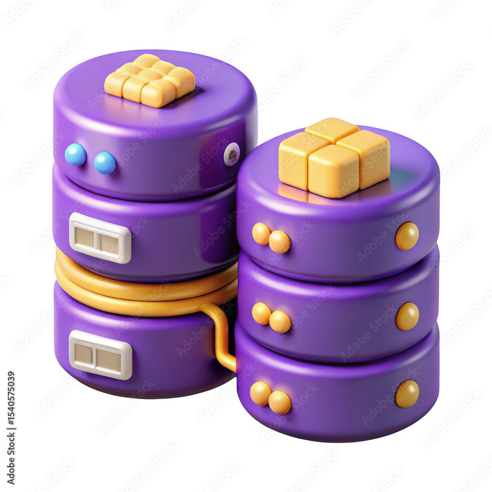 Poster 3d render of cartoon database servers isolated on transparent background