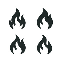 Set of four black flame icons in flat silhouette style. Represents fire, heat, energy, danger, or burn symbol. Ideal for warning signs, UI design, or safety related infographics.