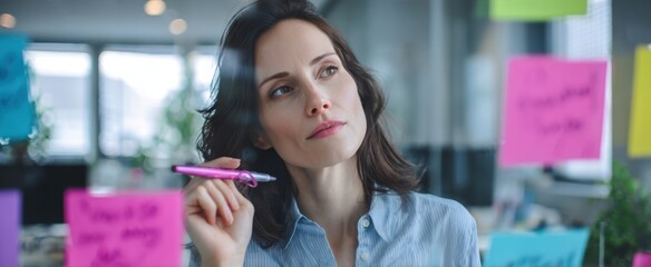 The woman brainstorming with colorful sticky notes in a modern office setting.