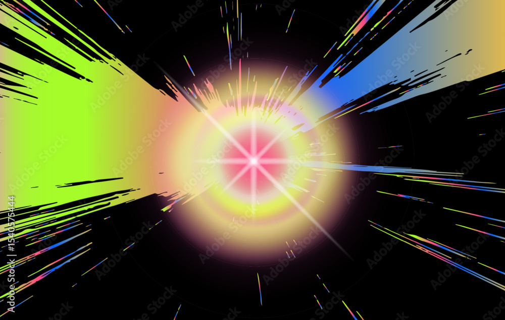 Poster bright abstract burst in a modern vaporwave style with neon yellow, pink, blue gradients and sharp j