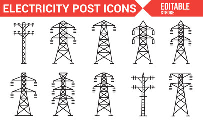 Minimalist Line Icons for Electricity Transmission Towers and Power Posts
