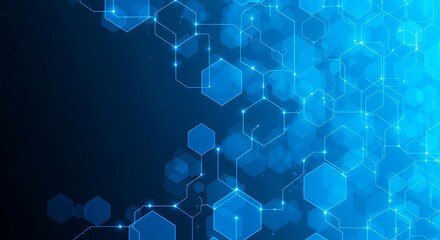Fototapeta premium Blue hexagonal technology network background, digital abstract design with geometric shapes and glowing lines, futuristic data communication and blockchain tech concept template