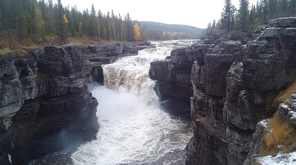 Powerful Waterfall Cascading Through Rocky Canyon