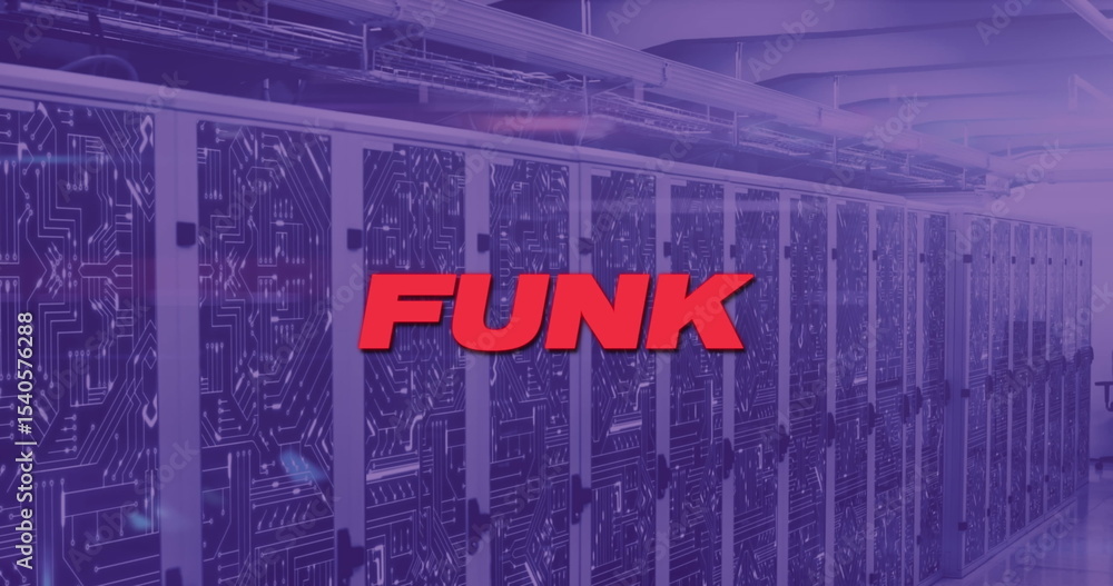 Poster running server bank emitting purple leds in data center with circuit doors and red funk text