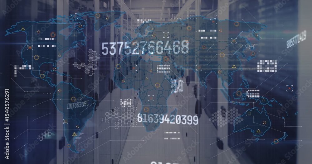 Poster projecting digital world map overlay over data center aisle, with server racks and hex grids