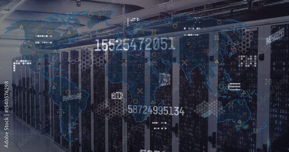 Poster displaying digital world map overlaying server racks in data center, with numeric data theme
