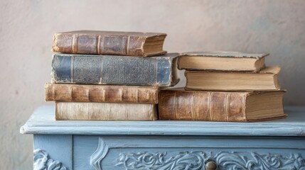 Stack of vintage books with aged leather and beige bindings on a light blue intricately carved wooden surface, showcasing textured spines and embossed designs against a neutral backdrop.