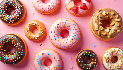 A vibrant display of assorted donuts with colorful toppings, beautifully arranged against a pink background, showcasing a playful and delicious variety of sweet treats.
