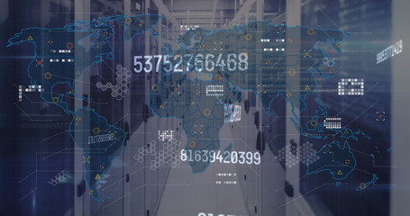 Projecting digital world map overlay over data center aisle, with server racks and hex grids