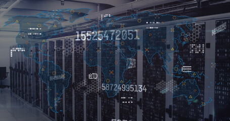 Displaying digital world map overlaying server racks in data center, with numeric data theme
