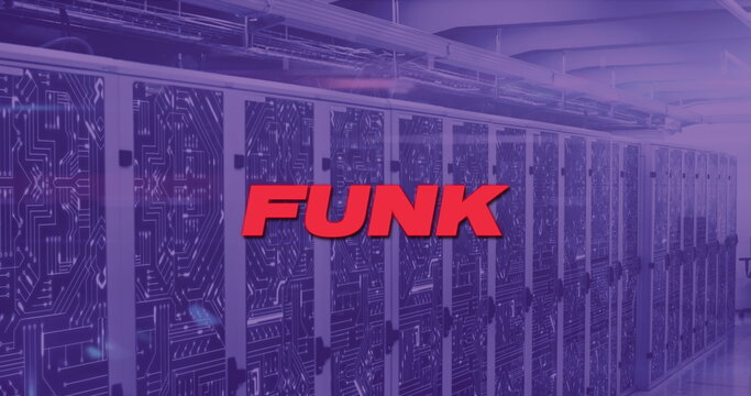 Running server bank emitting purple LEDs in data center with circuit doors and red FUNK text - Powered by Adobe