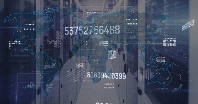 Projecting digital world map overlay over data center aisle, with server racks and hex grids