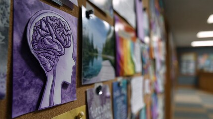 A bulletin board with a purple head cut out and a rainbow on the right