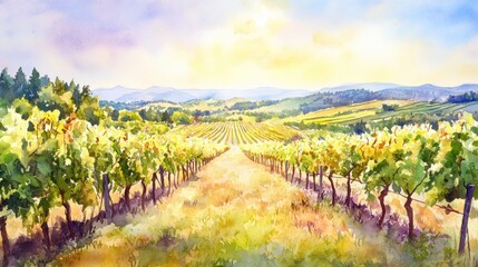 Sun-Drenched Vineyard: A Watercolor Landscape