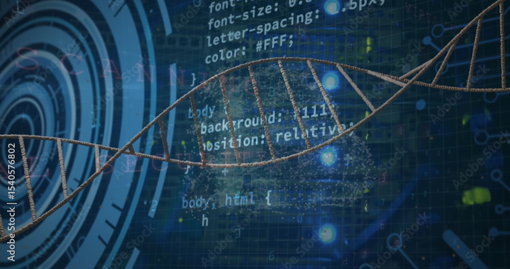 Poster Displaying 3D DNA helix stretching across digital grid, with CSS code overlay and glowing nodes