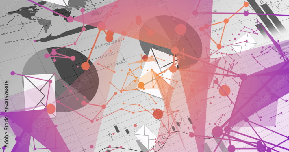 Poster visualizing abstract network of colored nodes and shapes in virtual data space, with envelope icons
