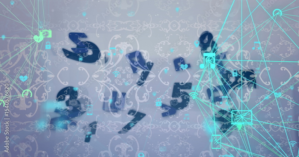 Poster displaying numeric array hovering across virtual space, with neon cyan nodes and icon symbols