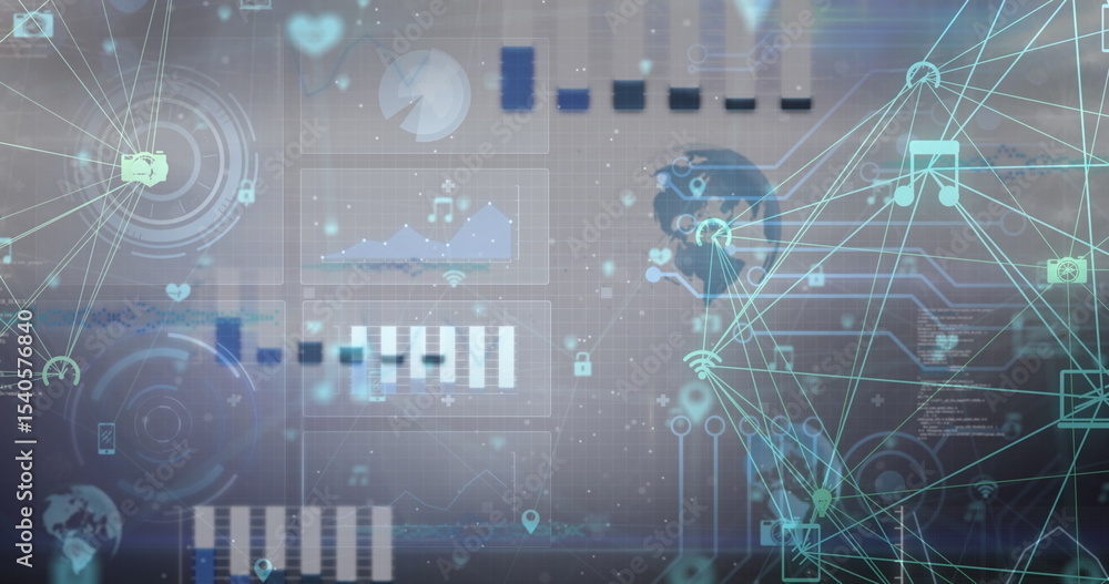 Poster connecting glowing nodes and icons on grid backdrop, with music, camera and smartphone symbols