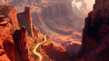 Majestic Canyon Vista: A Breathtaking Aerial View of Red Rock Formations and a Winding Trail