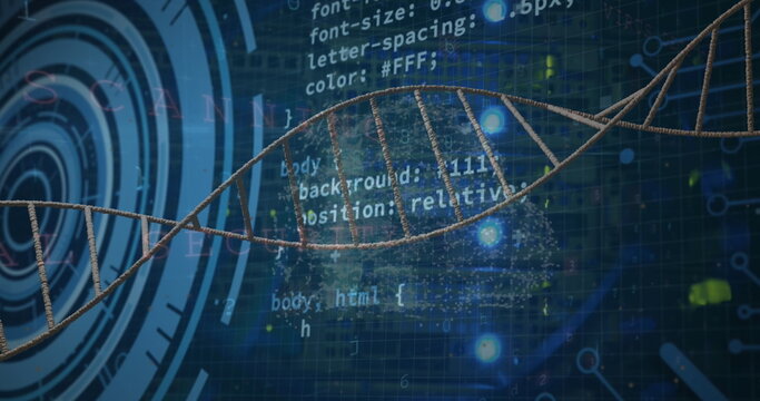Displaying 3D DNA helix stretching across digital grid, with CSS code overlay and glowing nodes - Powered by Adobe