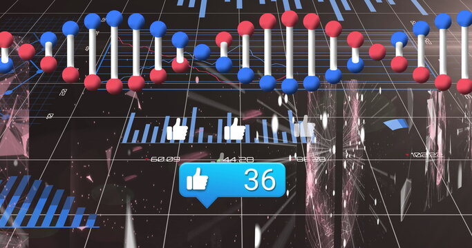 Displaying blue thumbs-up counter showing engagement in analytics grid with DNA helix, bar charts - Powered by Adobe