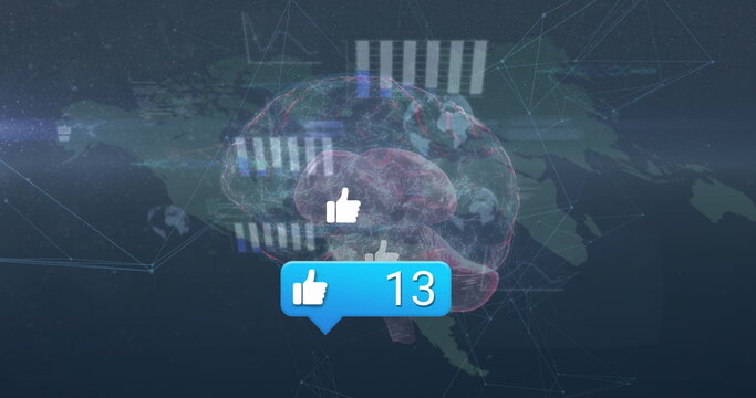 Displaying notification bubble showing thirteen likes floating over map screen, with brain hologram