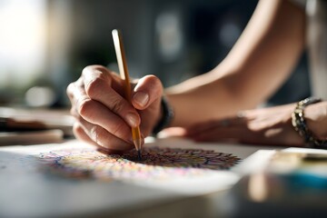 elegant woman coloring a mandala on  a craft table