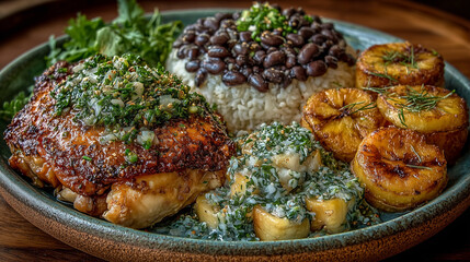 a plate of roasted chicken, black beans, rice and plantains 