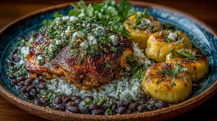 a plate of roasted chicken, black beans, rice and plantains 