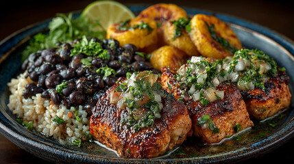 a plate of roasted chicken, black beans, rice and plantains 