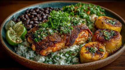 a plate of roasted chicken, black beans, rice and plantains 