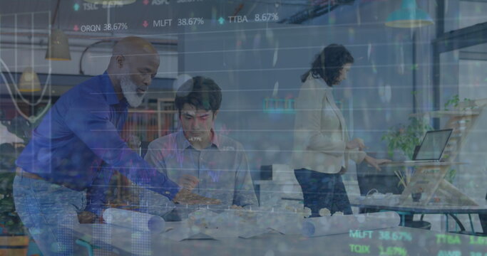 Collaborating coworkers studying architectural models and sketching blueprints in modern office - Powered by Adobe