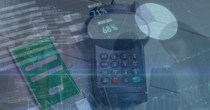 Displaying banking app screen on smartphone and terminal keypad in fintech collage, with stock data