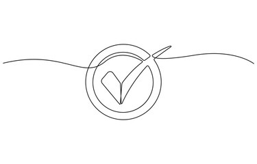 Continuous one line drawing of check mark. Tick single line icon. Check mark black icon, Vector illustration, . Single line confirmation icon. Vector illustration.