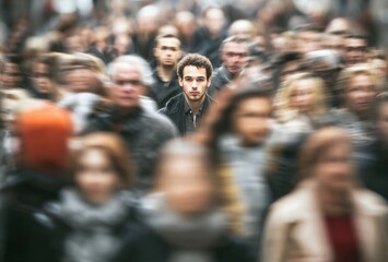 Solitude in the Crowd: A solitary figure stands out amidst a blurred sea of people, their gaze direct and unwavering, creating a stark contrast between individuality and the anonymity of the masses.