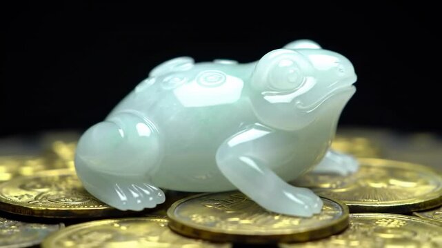Jade frog figurine resting on gold coins with black background  