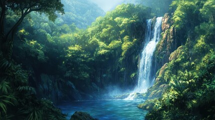 Serene Waterfall in Lush Tropical Paradise
