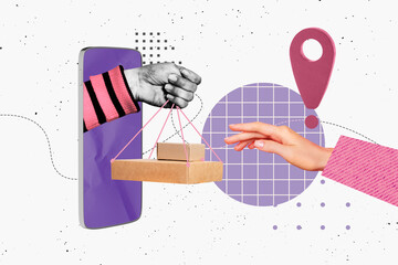 Trend artwork composite 3D photo collage design of client buy seller post service hand appear...