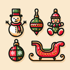 Naklejka premium Festive Christmas decorations including snowman, ornaments, and sleigh in bright colors with copy space