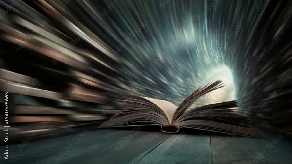 Poster book of knowledge: an open book beckons with an ethereal glow at the end of a mesmerizing tunnel, su