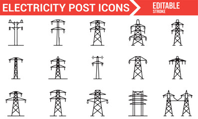 Minimalist Line Icons for Electricity Transmission Towers and Power Posts