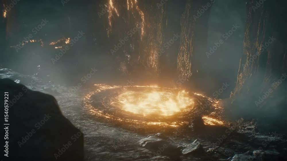 Poster magical glowing rune of power pulsating with energy, illuminating a dark cave with streams of lava f