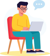 Young man glasses yellow sweater blue pants sitting red chair using laptop chatting cheerful modern style