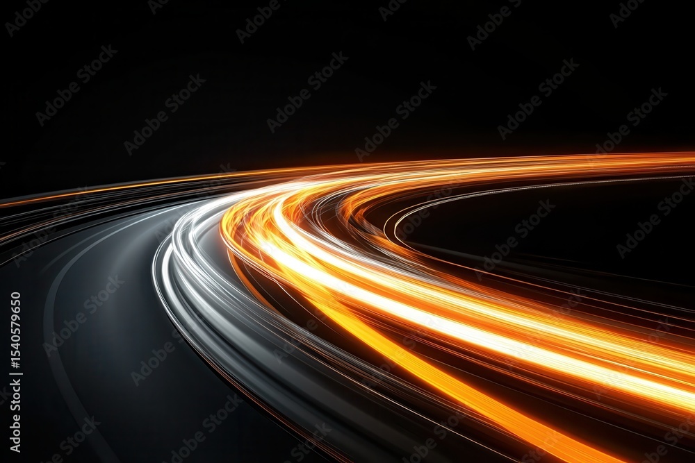 Poster 3d rendering of a light trail on a road at night with a speed effect, isolated on a black background