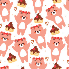 cute drawing cartoon bear with cupcakes seamless pattern. animal pattern in white background for wallpaper