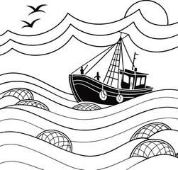 An old pirate ship sailing on the vast, blue ocean waves under a summer sky